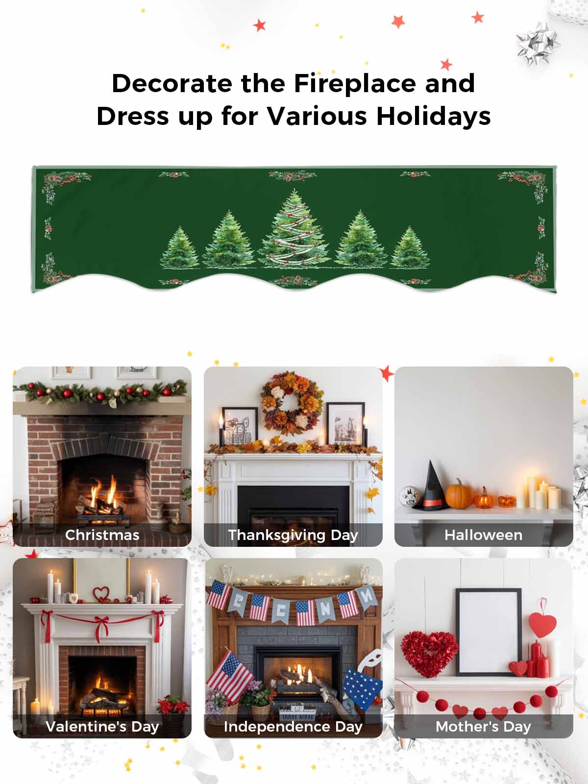 Green Christmas Tree Fireplace Mantle Scarf, Snowflake Xmas Botanical Berry Mantel Cover Table Runner for Home Living Room Door Window, Indoor Outdoor Holiday Party Decor 17" x 60"