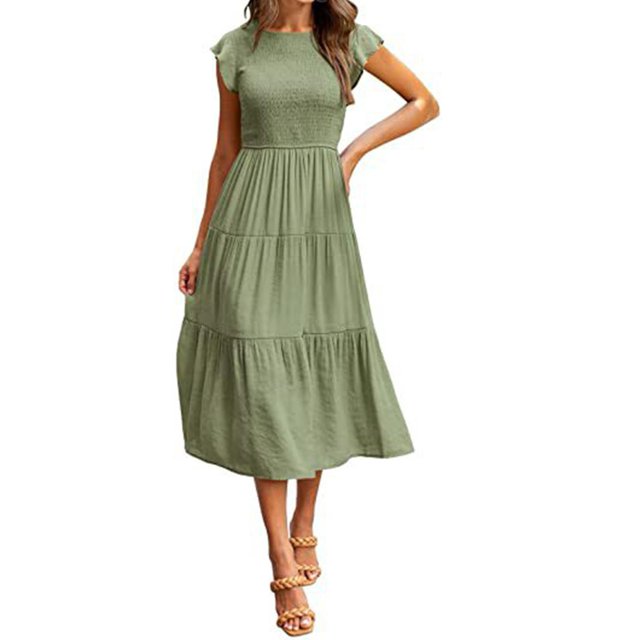 Women's Ruffle Short Sleeve Smocked Tiered Long Dress A Line Round Neck