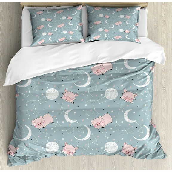 Ambesonne Cartoon Duvet Cover Set, Funny Pigs Night Time Sky, Calking, Rose Cadet Blue