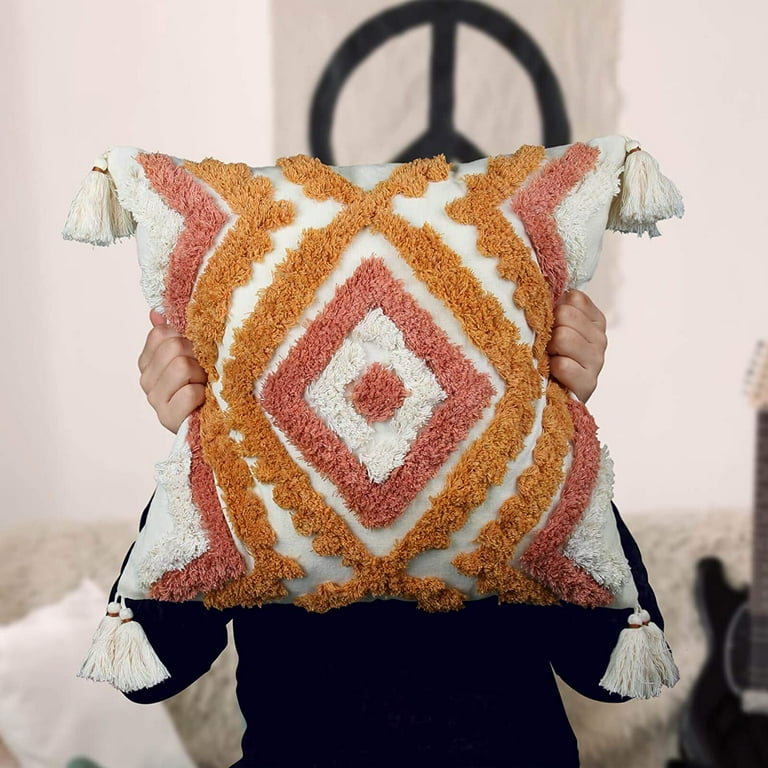 Orange Throw Pillow Covers 18x18 Woven Tufted Boho Pillow Cover