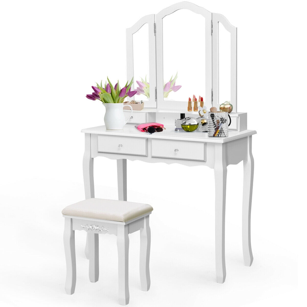 Costway Makeup Vanity Set Dressing Table Tri Folding Mirror W Stool White