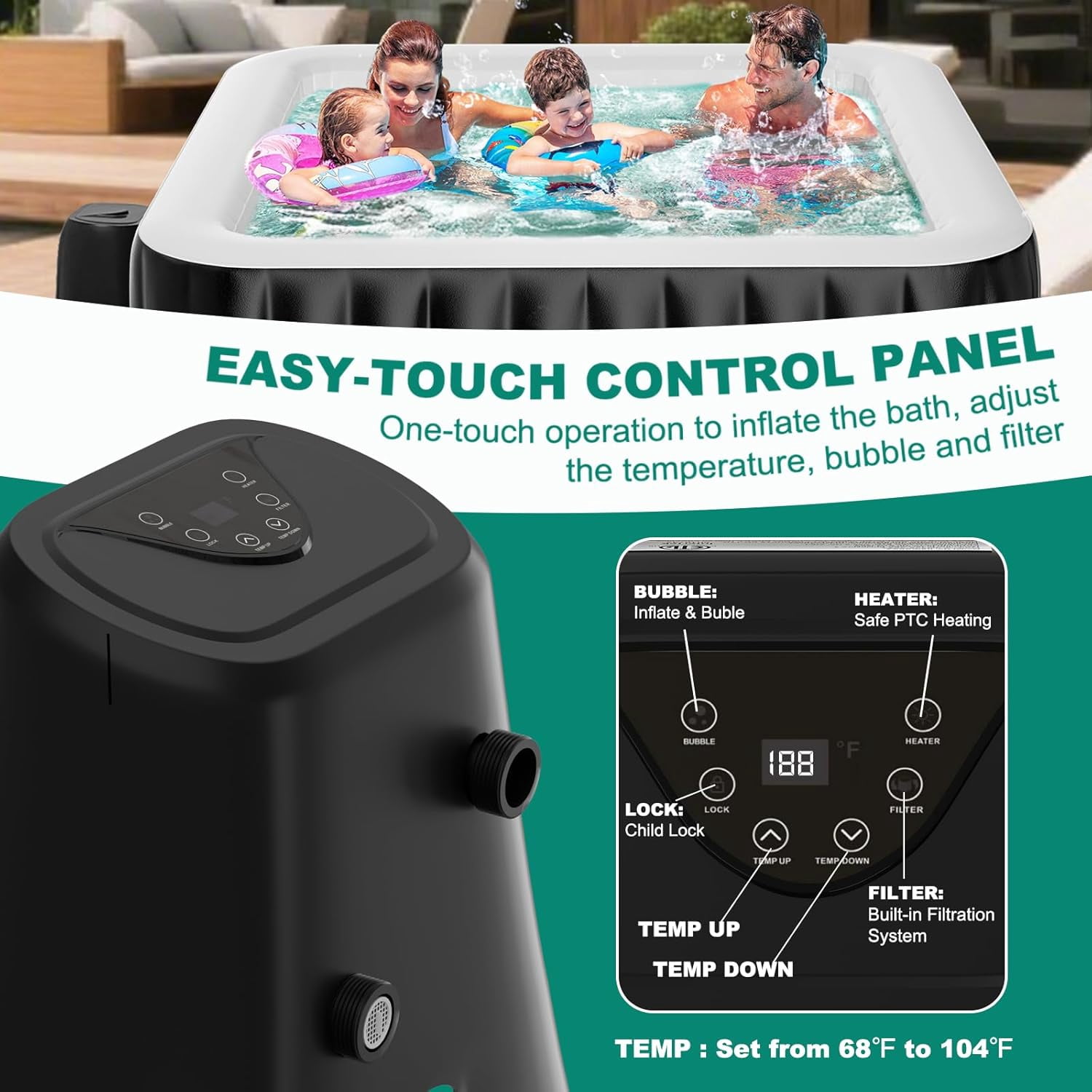 MOPHOTO 4-6 Person Inflatable Hot Tub, Large Square Portable Blow up Hot Tub, Leak-Proof PVC Outdoor Spa with 130 Air Jets, Insulated Cover and Heater Pump(73"*73"*25")