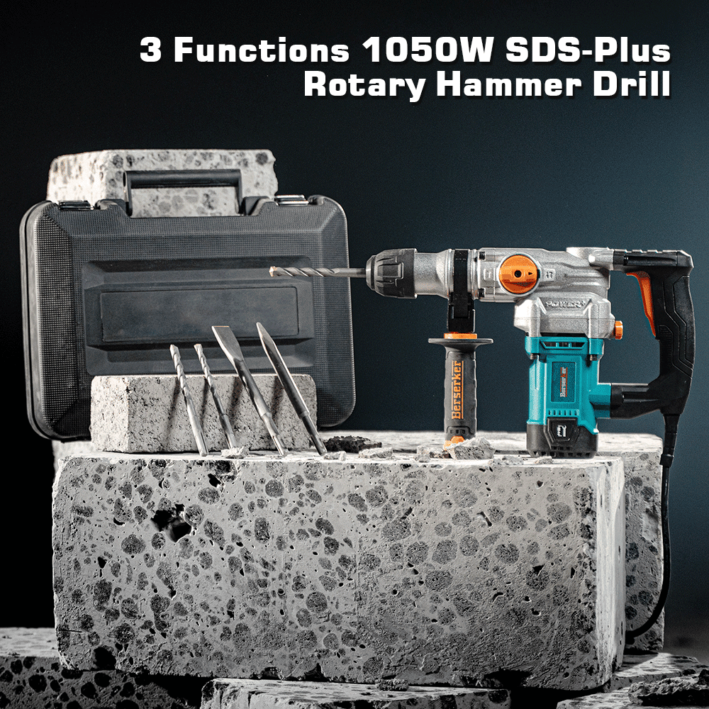 Berserker 9-Amp SDS-Plus Rotary Hammer Drill with Safety Clutch, 3-Function, includes Bits, Chisels, Case