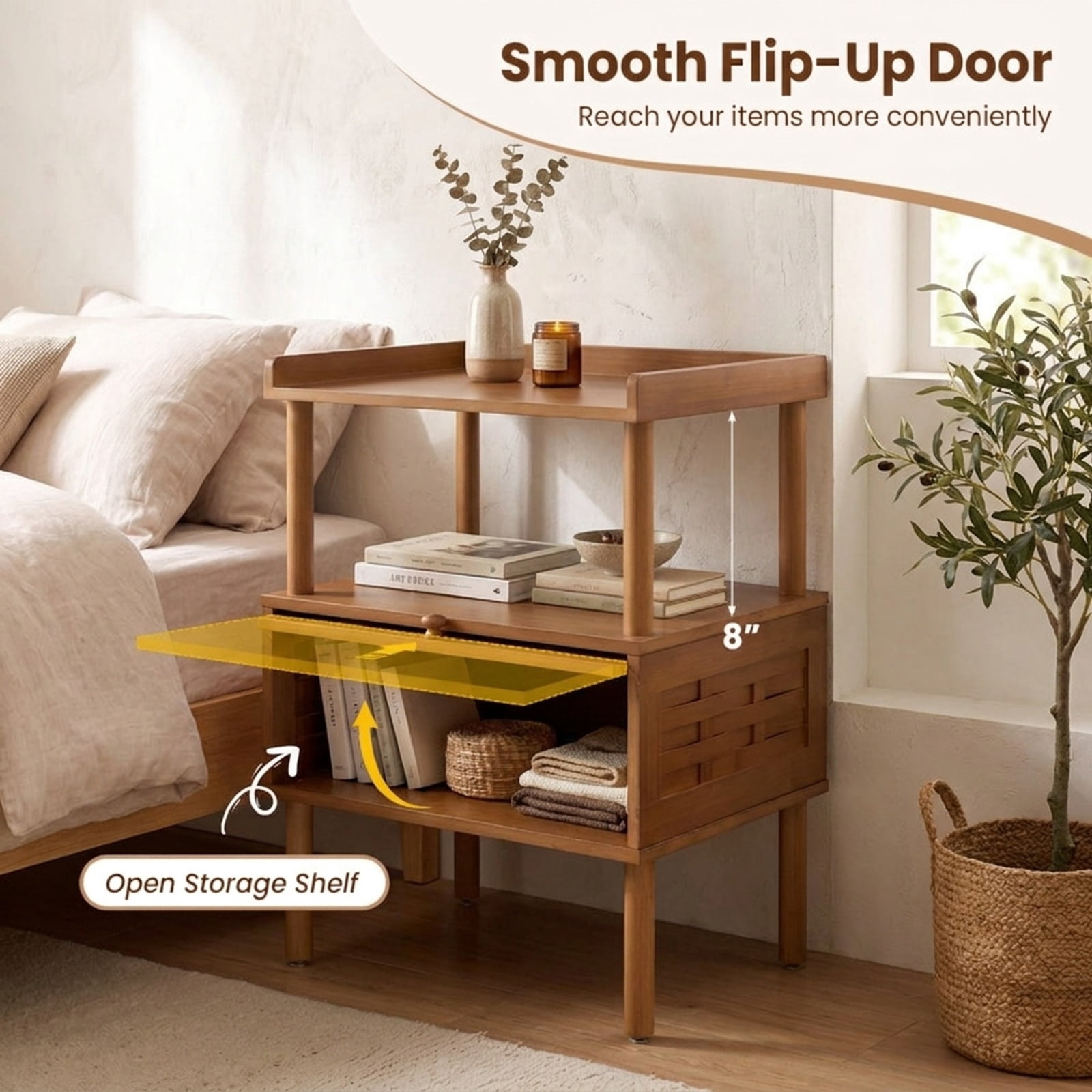 Furnibear Bamboo Rattan Nightstand with Raised Edge Flip-Up Door and Open Shelf for Bedroom Living Room Bedside Sofa Side Small Space, Walnut