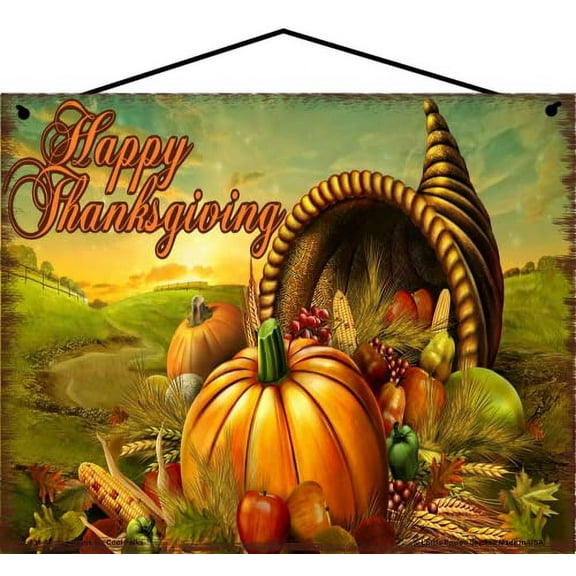 8x10 Vintage Style Sign Happy Thanksgiving Cornucopia, Classic Holiday Harvest Celebration Wall Art Home Decor