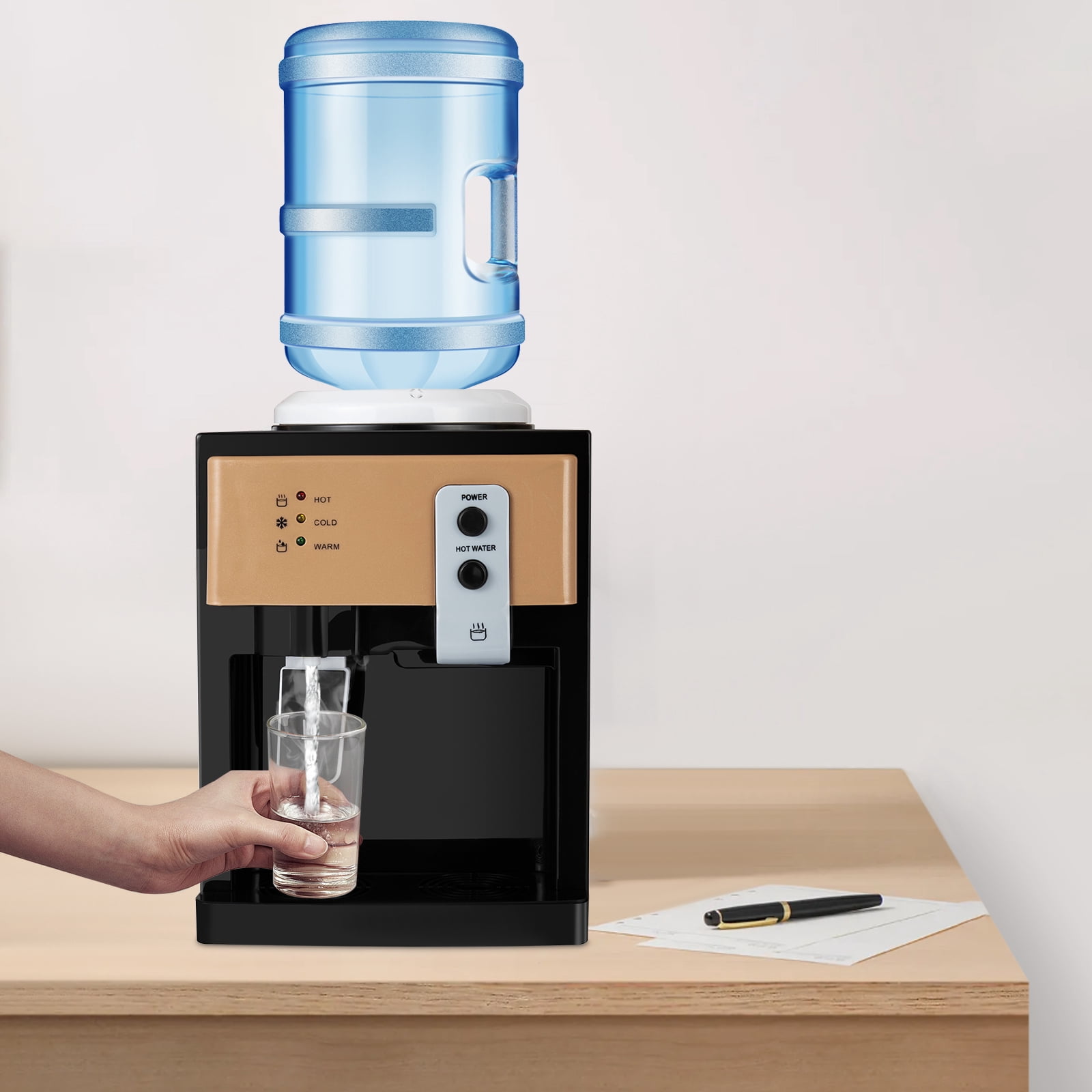1 PCS  Water Dispenser Countertop Water Dispenser Top Loading Hot Cold Water Cooler Drinking Machine Champagne Gold and Black