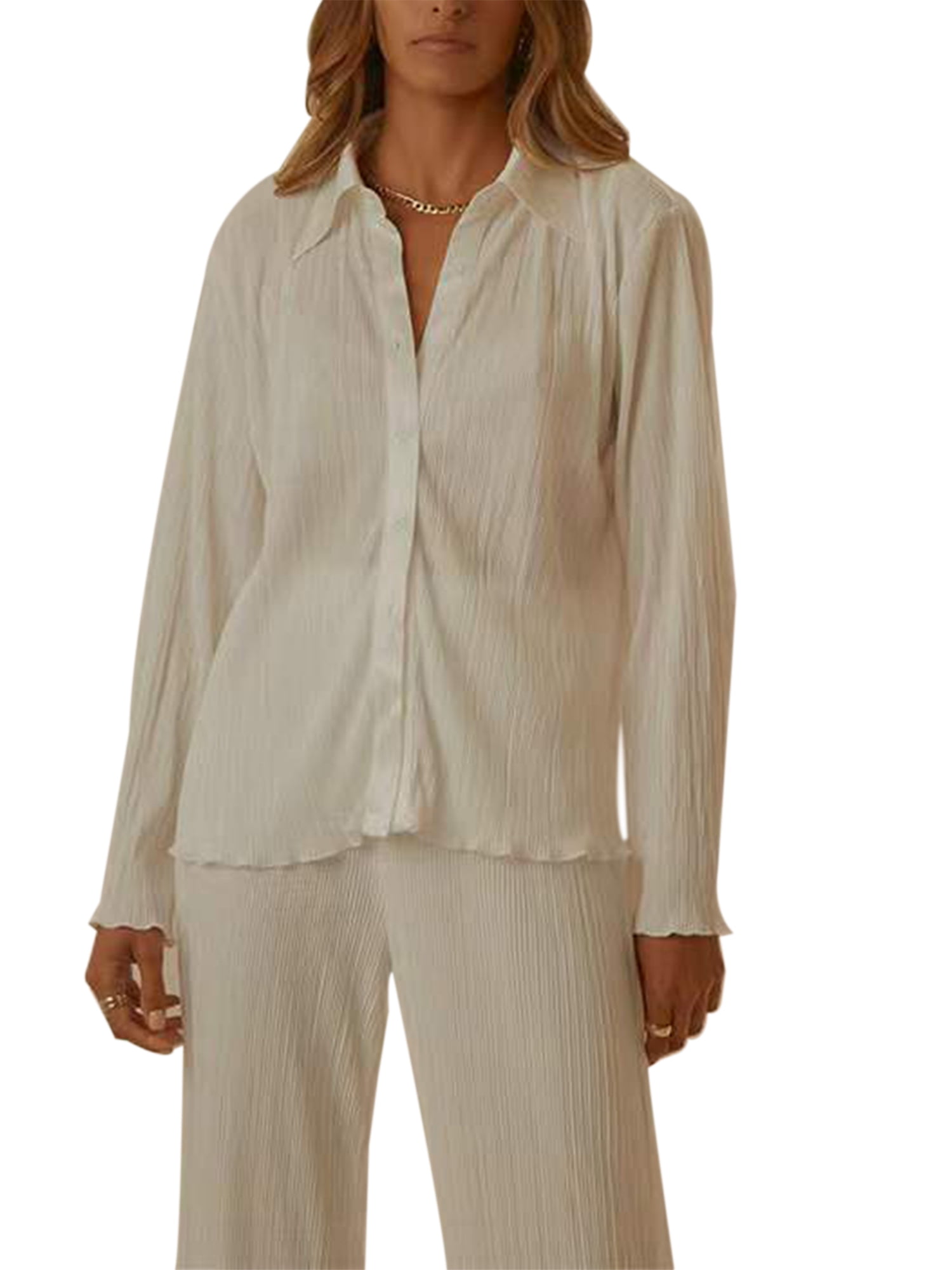 Women Pleated 2 Piece Outfit Loungewear Pants Set Long Sleeve Down Blouse Shirt Palazzo Pants Streetwear - Walmart.com