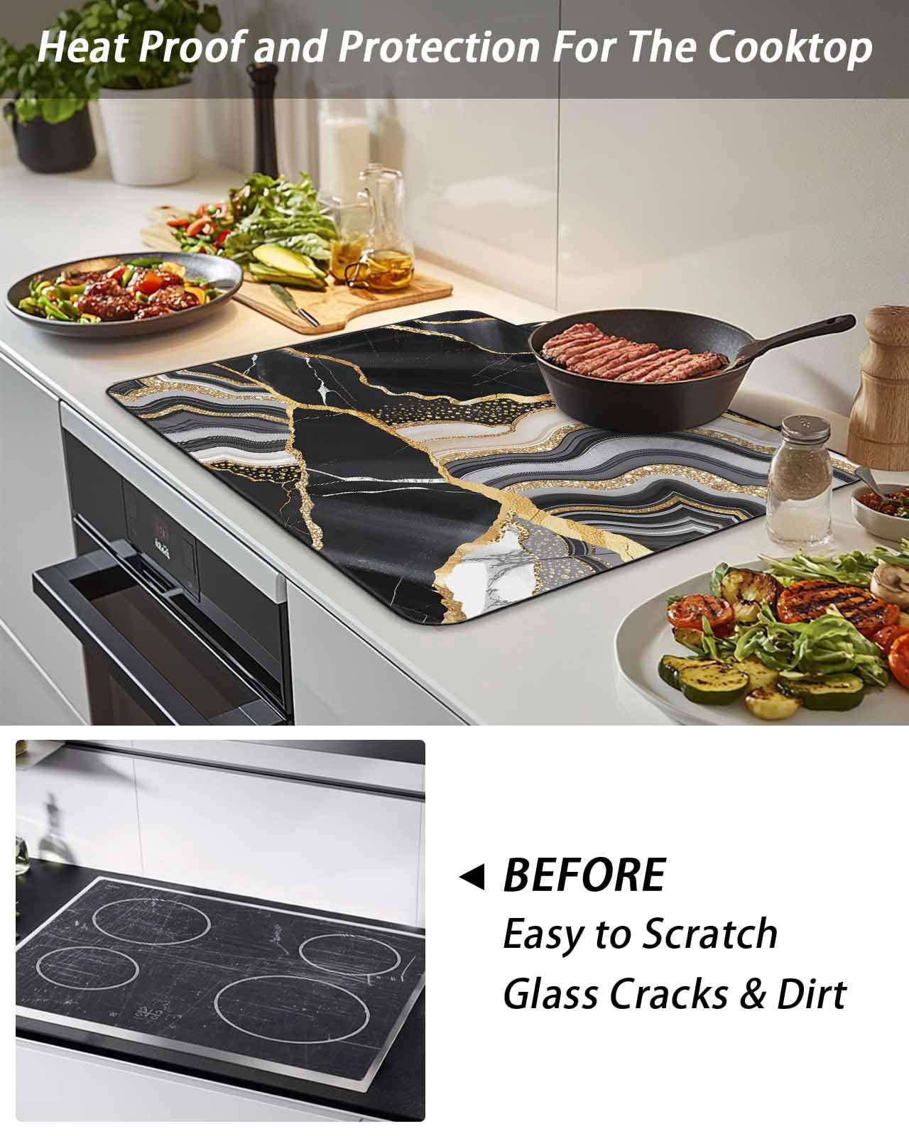 Stove Top Covers for Electric Stove, Black Marble Glass Stovetop Cover Protector, Grey Gold Texture Vintage Farmhouse Art Induction Cooktop Protector Oven Mat for Kitchen Countertop 24"x21"