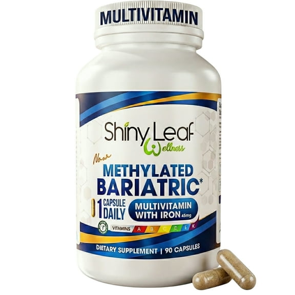 Shiny Leaf Methylated Bariatric Multivitamin with Iron - 45 mg for Gastric Bypass, Sleeve, Roux-en-Y, Duodenal Switch, Made In USA, 22 Vitamins & Minerals, ASMBS Compliant, Vegetarian, GMP, 90 Ct.