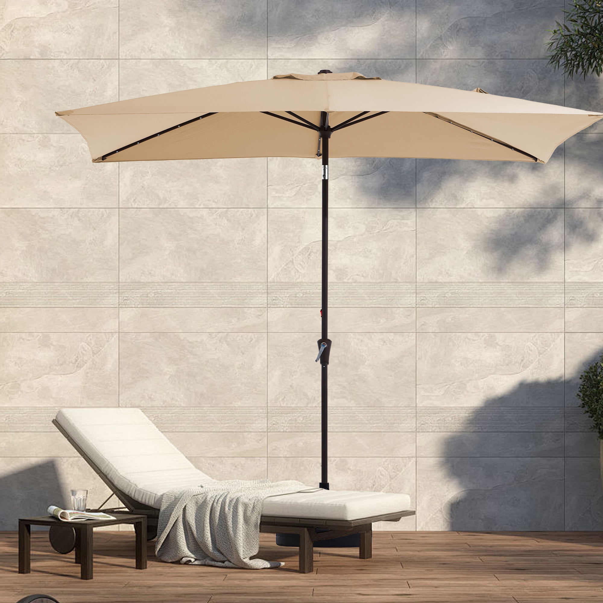 FANDAZE 6.5'x10' Solar LED Rectangular Patio Umbrella with Crank, 6 Heavy-Duty Ribs UV Protection for Garden, Deck, Backyard and Poolside, Beige