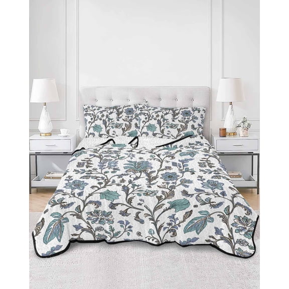 Quilts Queen Size, Boho Leaf Soft Comforter Bedding Set for Bed, Teal Green Spring Farmhouse Pastoral Tribal Lightweight Quilted Bedspread with Pillow Cover(2 Pieces) for All Season, 90x96 Inch