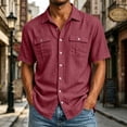 thumbnail image 2 of Mens Button Down Shirts Short Sleeve Casual Cotton Linen Shirt Western Cowboy Shirt Tops with Double Flap Pockets Wine, 2 of 7
