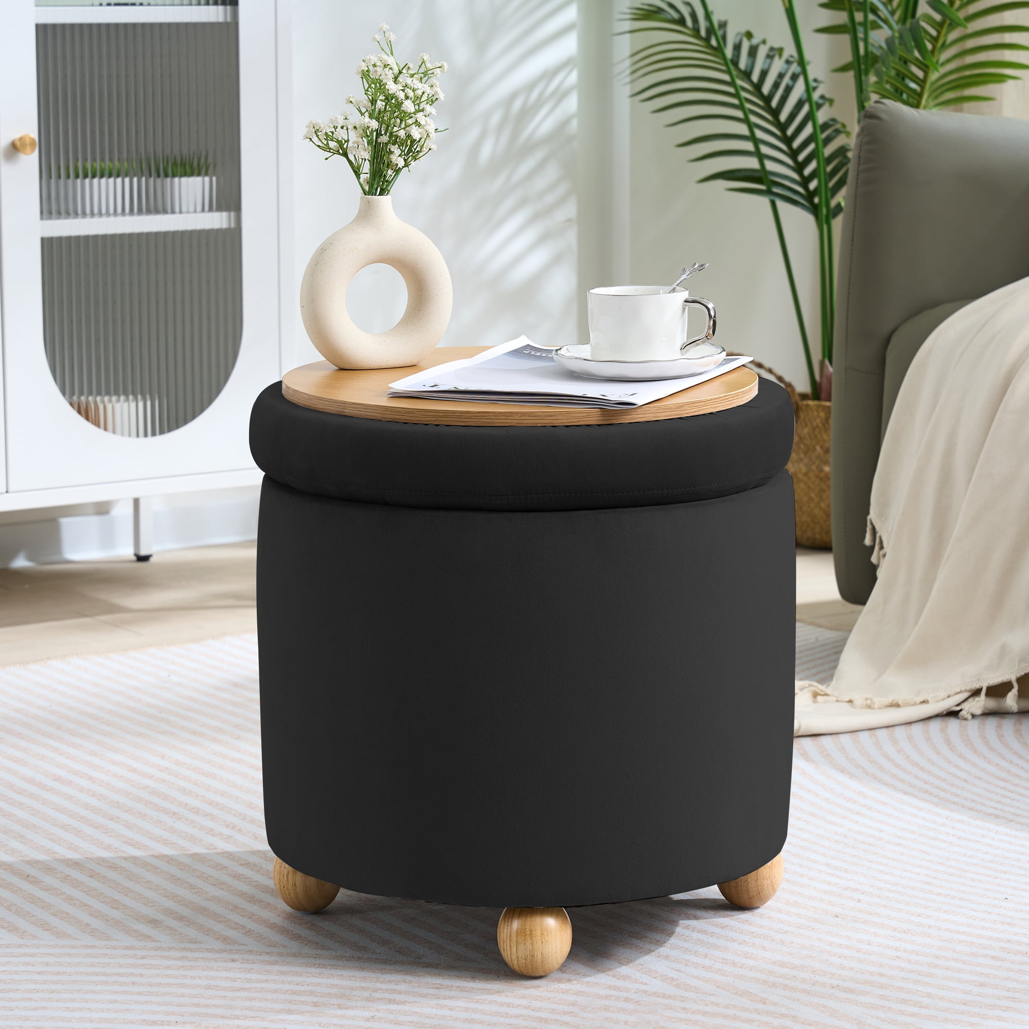 CoVibrant Modern Round Velvet Tufted Storage Ottoman with Reversible Tray Lid, Wooden Legs, Black, , 1-Pack, 17.52 in H x 17.72 in W