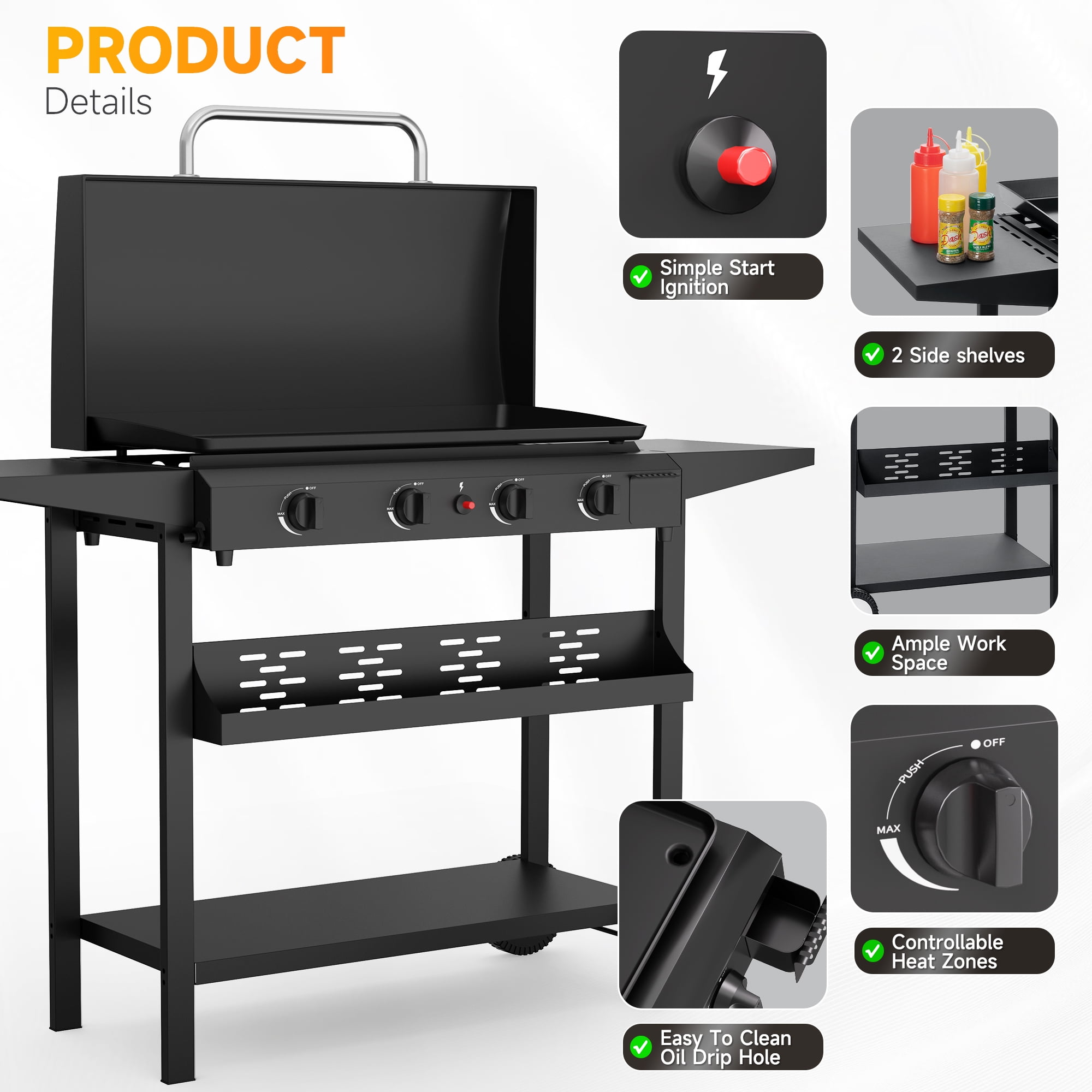 SKOK 30'' Portable 4-Burner Flat Top Gas Griddle with Hood, 60,000 BTU Outdoor Propane Griddle Station, 426 Sq. In. Cooking Surface & Side Shelves for BBQ, Camping, Tailgating, Black