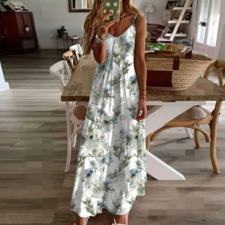 Uaswgudfs Sleeveless Midi Sundress - Casual Summer Dress for Women 2025  with V-Neck & Lightweight Flow White-C L - Walmart.com