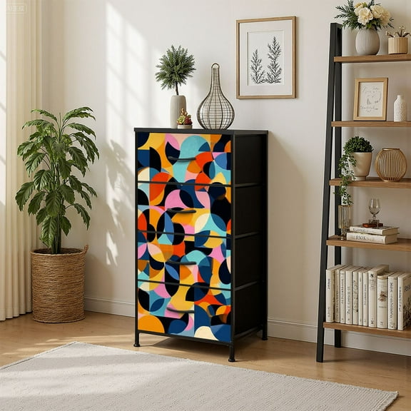 4 Drawer Vertical Storage Dresser Vivid Textile Fabric Seamless Print Cute Bright Interlocking with Wood Top Fabric Pull Drawers
