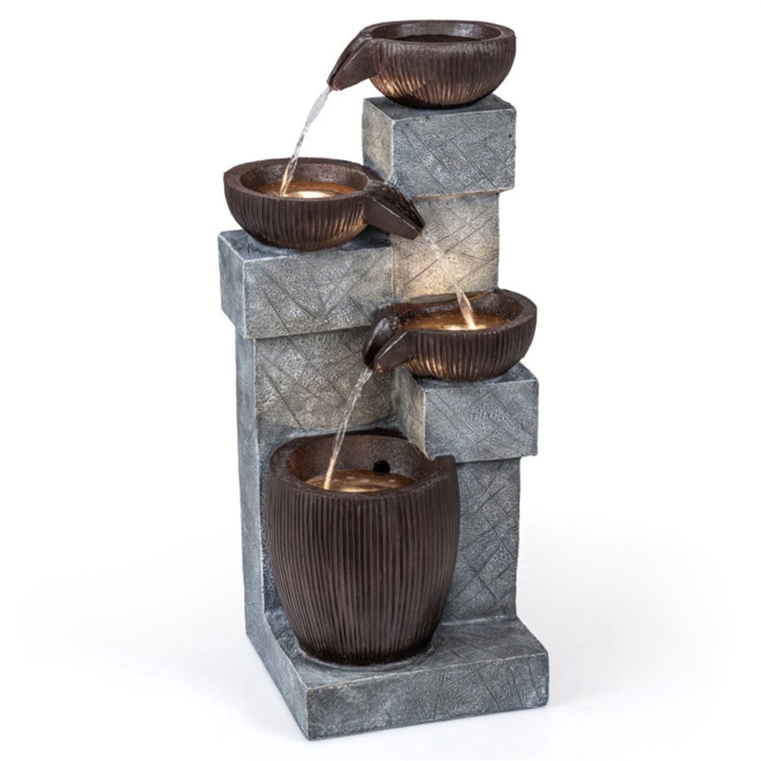 4-Tier Waterfall Fountain with LED Lights, Resin Fiberglass Outdoor Fountain with Adjustable Flow for Garden Patio