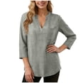 thumbnail image 3 of TaTaai Womens Casual Faux Linen V Neck 3/4 Sleeve Blouse With Chest Pocket Button Tab Cuffs Loose Soft Comfortable Daily Wear Top Gift, 3 of 7
