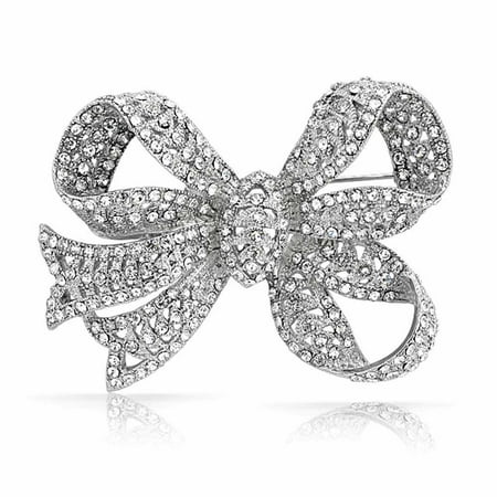 Crystal Dragonfly Brooch Large Bow Ribbon Shape Pave Crystal Wedding Bridal Brooch Pin For Women Silver Tone Rhodium Plated Brass ()