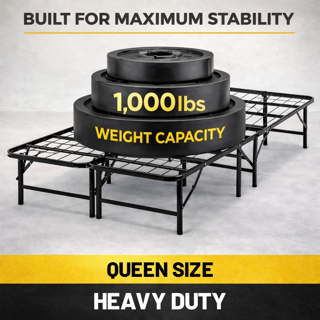 Continental Sleep, 14-Inch Foldable Metal Platform Bed Frame with Tool Free Setup, Sturdy Steel, No Box Spring Needed, Queen, Black