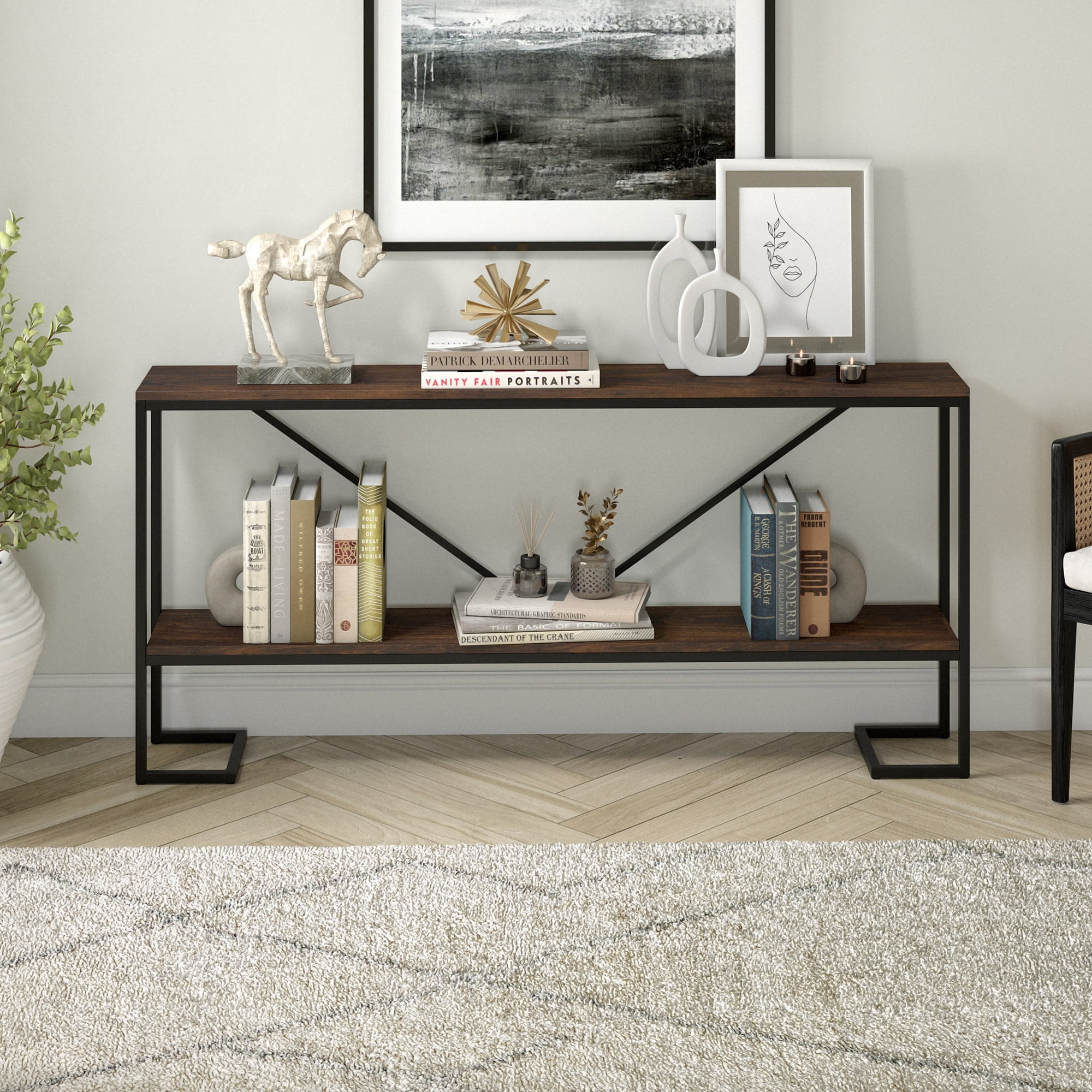 Evelyn&Zoe Phoebe 64" Wide Rectangular Console Table, Blackened Bronze/Black Grain