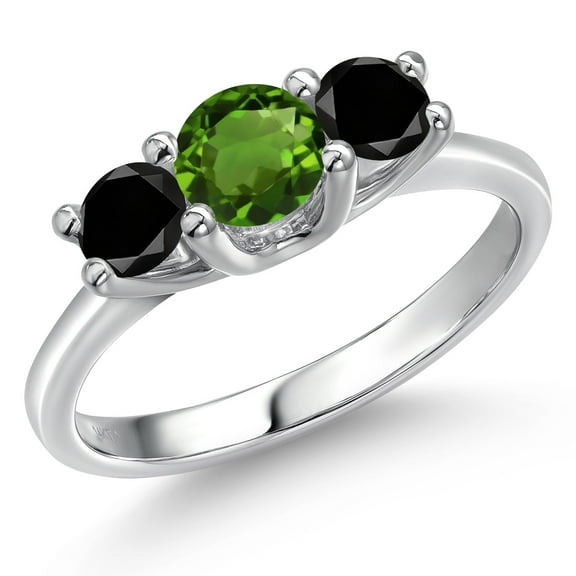 Gem Stone King 14K White Gold Green Chrome Diopside & Black Diamond 3-Stone Engagement Ring | 1.04 Cttw | Round 5MM and 4MM | Three Stone Wedding Anniversary Promise Ring for Women (Size 6)