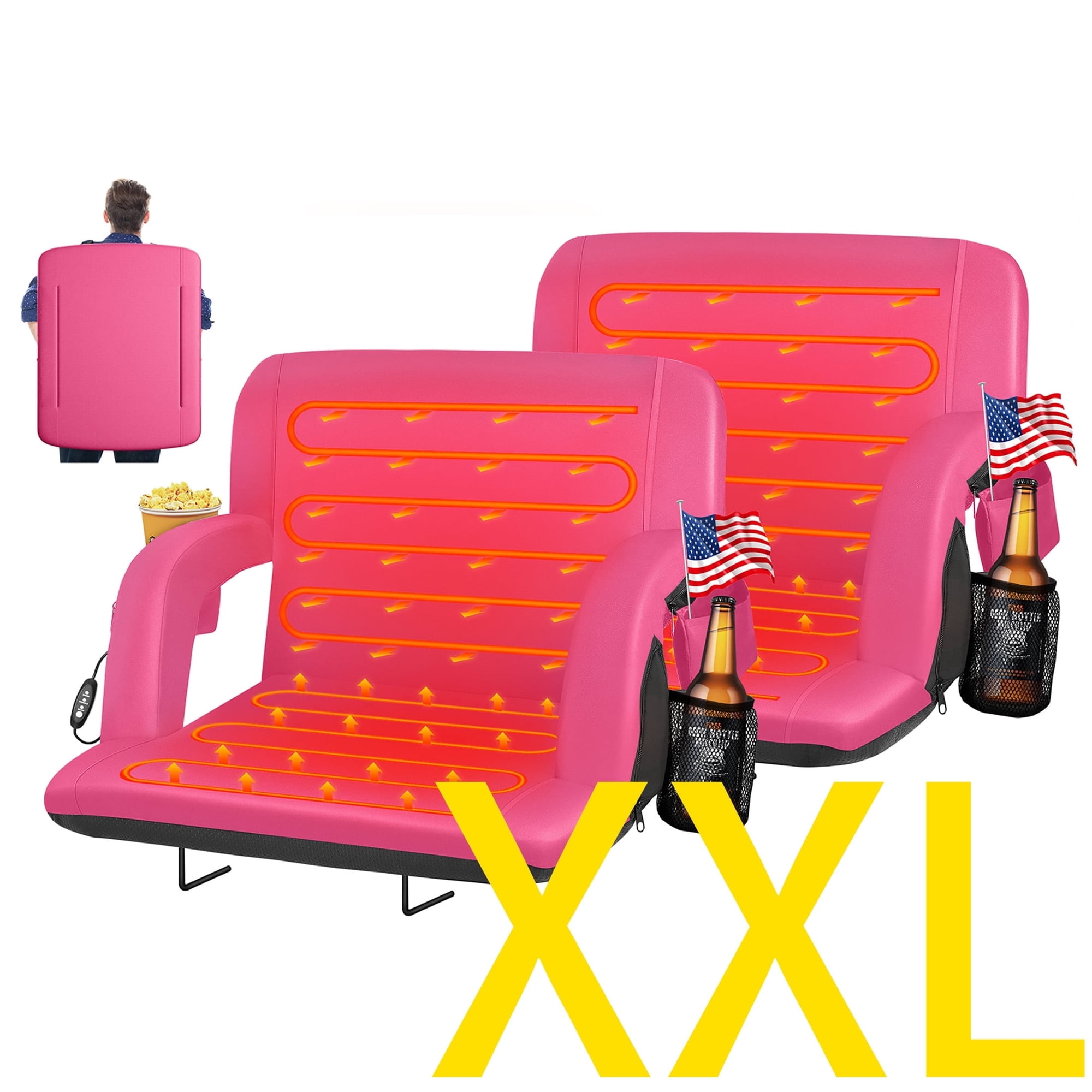 PNKKODW 2PCS 25" Dual-Side Heated Stadium Seats with Back Support, Extra Wide Stadium Chair for Bleachers, USB 3 Levels Heat, for Outdoor Camping Winter Sports,Pink(No Battery)