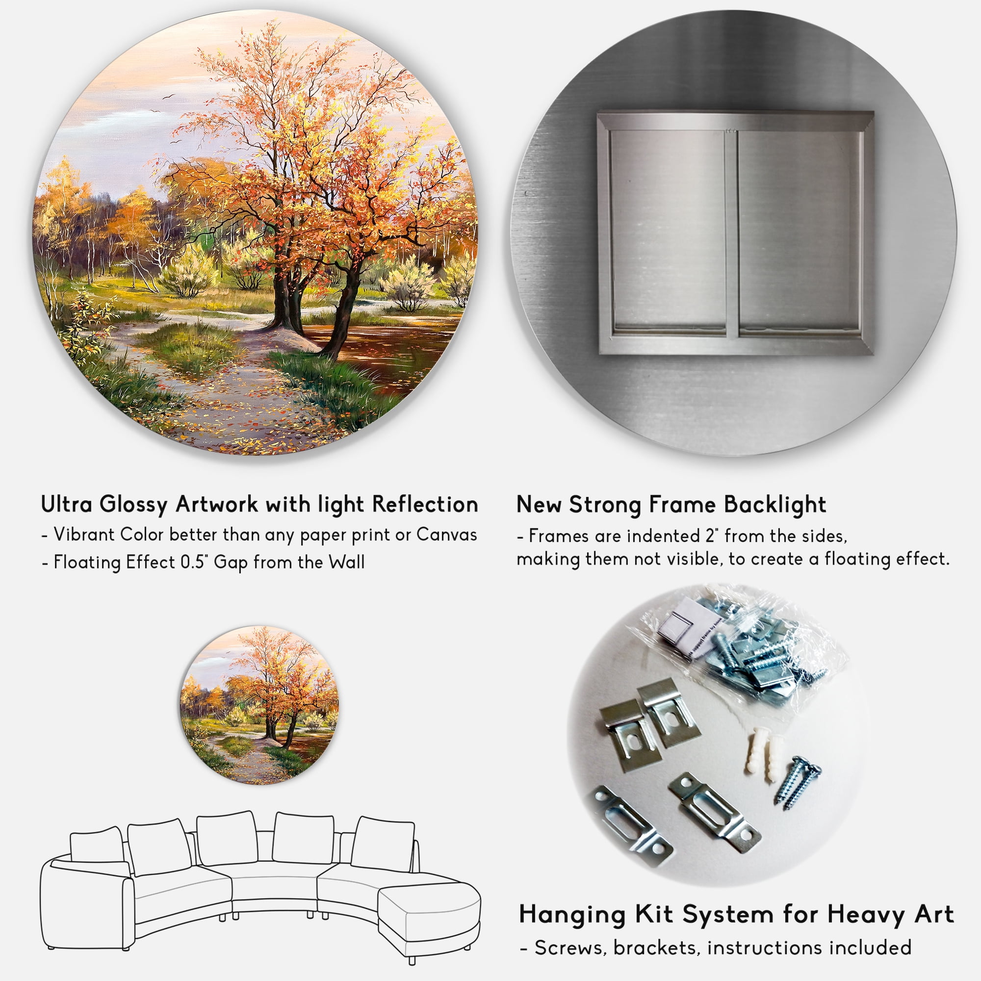 Designart 'The Orange Woods Along River' Country Circle Metal Wall Art 36x36 - Disc of 36