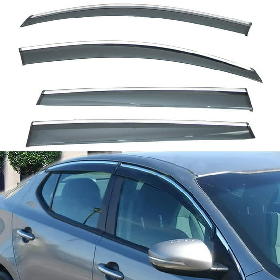 4Pcs Outside Mount Tape On/Clip On Type Smoke Tinted Sun/Rain Guard Vent Window Visors With Chrome Trim Compatible With 2011-2015 Optima All Models