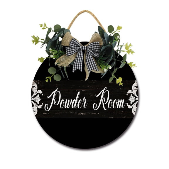 Eveokoki Powder Room Front Door Sign Funny Wreaths Hanging Wooden Plaque Decoration Round Rustic Wood Farmhouse Porch Decor for Home Front Door Decor, 11 x 11 Inch