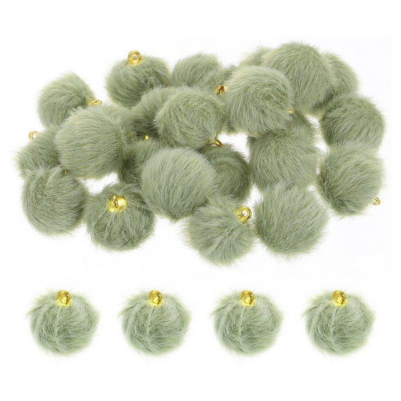 Pom Pom Charm, 24Pcs 15mm - Faux Fur Fluffy Pom Poms Pendants Balls, Pom Poms for DIY Crafts Jewelry Making Keychain Accessory (Bean Green)