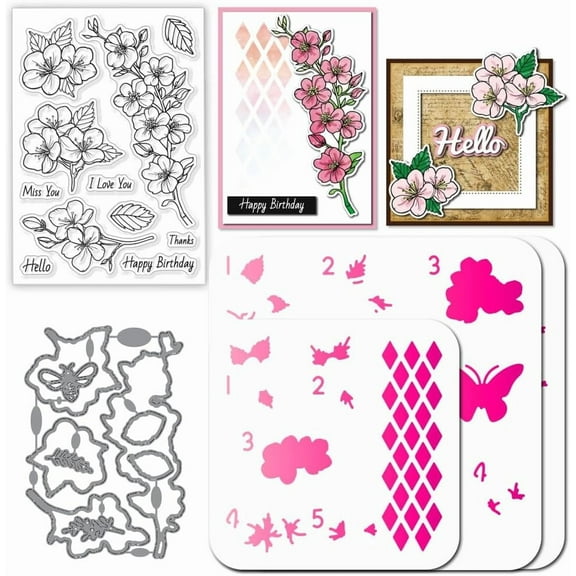1 set Cherry Blossoms Clear Stamps Metal Flower and Leave Cutting Die Cuts Layering Floral and Butterfly PET Paint Craft Stencils for Card Making Scrapbooking Craft DIY Embossing