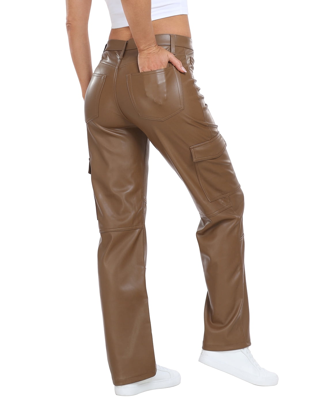 HDE Women's High Waisted Faux Leather Cargo Pants with Pockets Brown 31