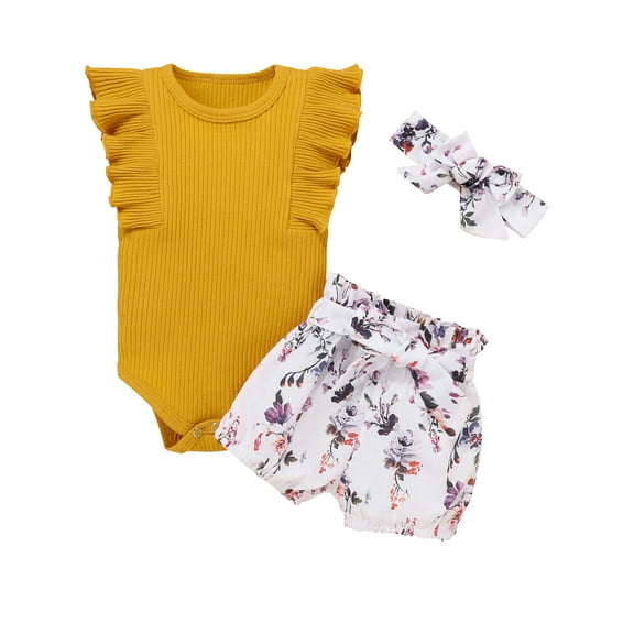 Dooleck Baby Girl Clothes Infant Ribbed Ruffle Bodysuit Floral Shorts Outfit Set