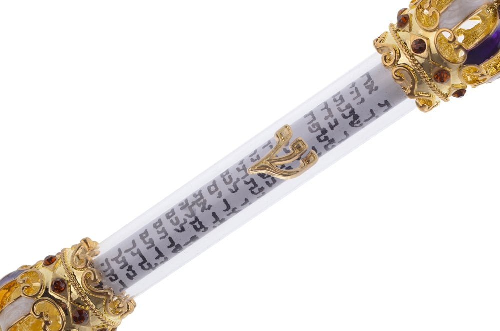 Gold Plated Mezuzah and Scroll large with enamelled stones as shown