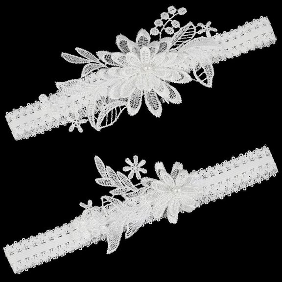 2Pcs Wedding Garter Accessories Lace Elastic Bridal Garters 3D Flower white Bridal Stocking Ornaments with Plastic Imitation Pearl