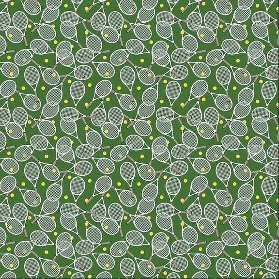 Cotton Super Sports Green Tennis Racket Tennis Ball Sports Paintbrush Studio Cotton Fabric Print by the Yard (112-1080)