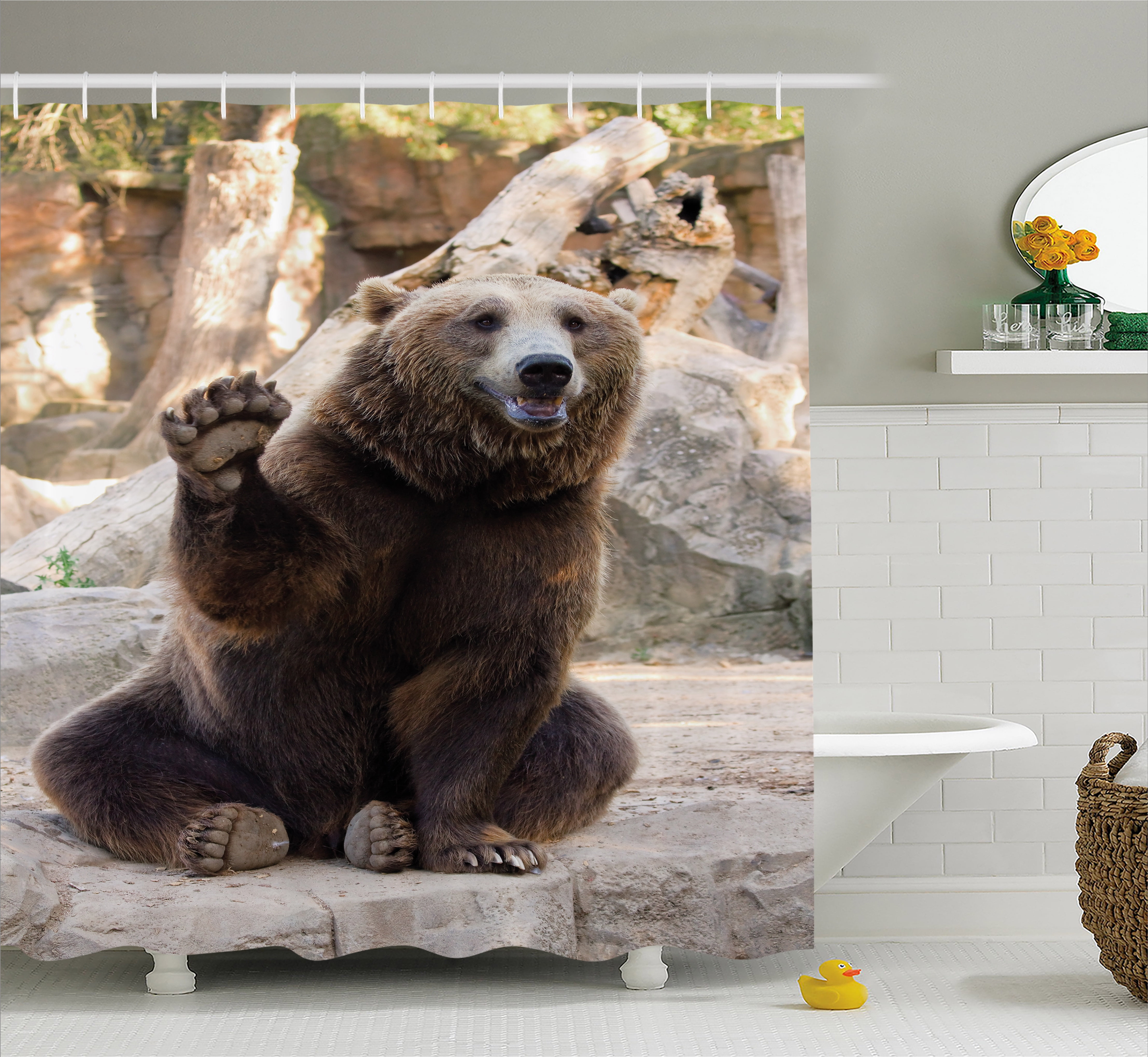Bear Shower Curtain, Friendly Animal Sitting and Waving a Paw in the