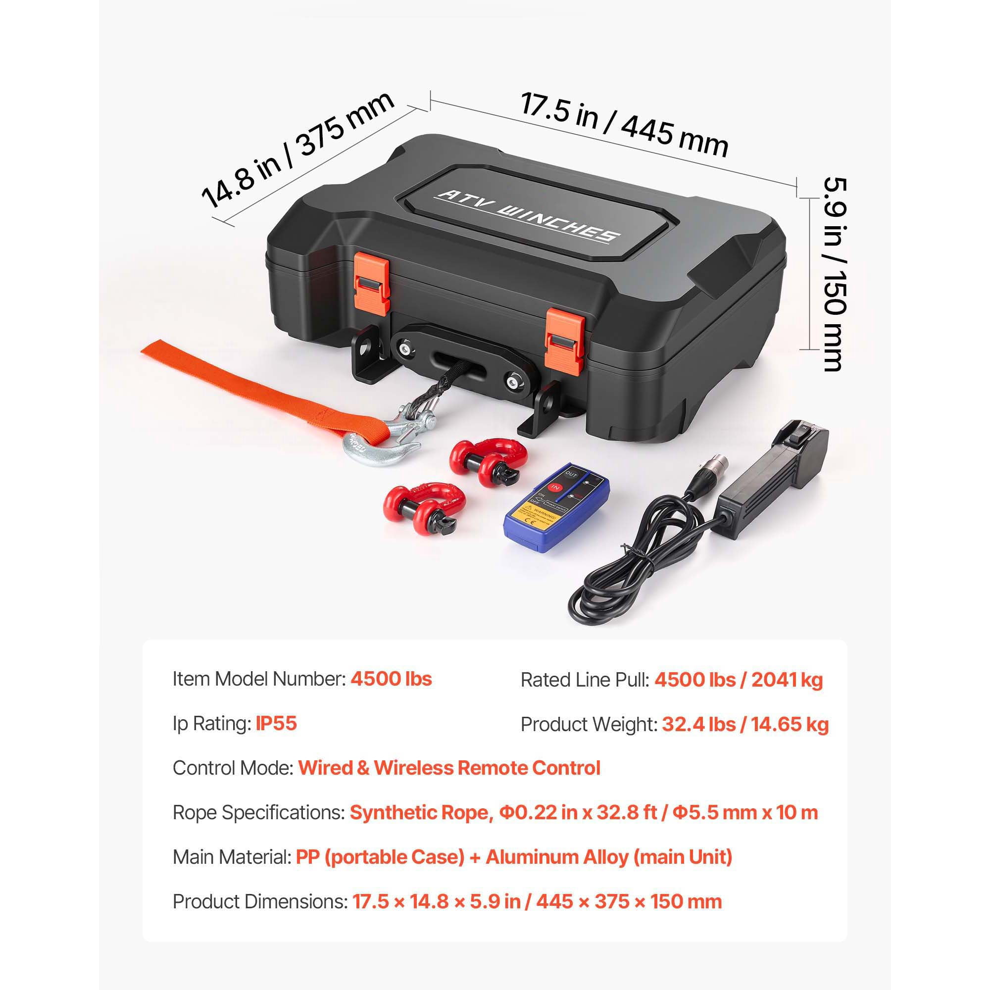 KFFKFF Portable 12V DC Electric Winch, 4500 lbs Capacity with Synthetic Rope, Dual Remotes, Recovery Kit with Fairlead, Hook, and Strap for ATV UTV Off-Road Pulling Applications