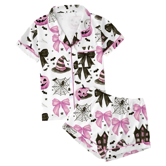 Halloween Silk Pajamas Women Elegant White Bow Print Pajama Set with Lapel Short Sleeve Top and Matching Shorts for Everyday Comfort Pink S
