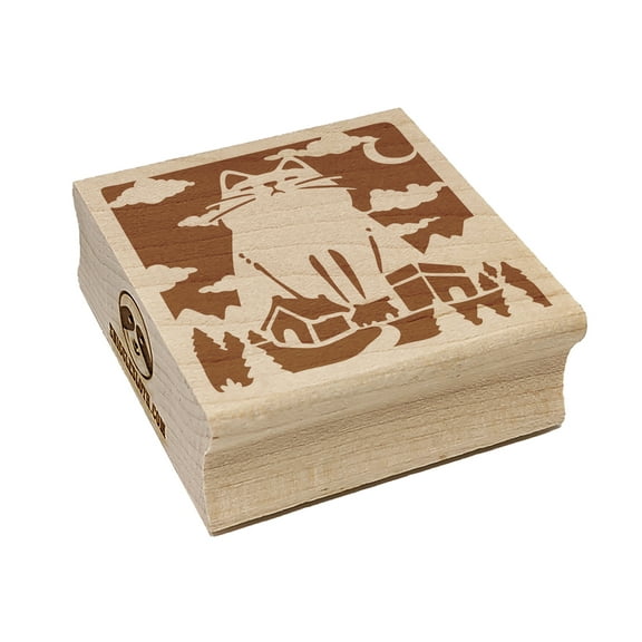 Giant Yule Cat Looming Over Village Christmas Square Rubber Stamp Stamping Scrapbooking Crafting - Small 1.25in