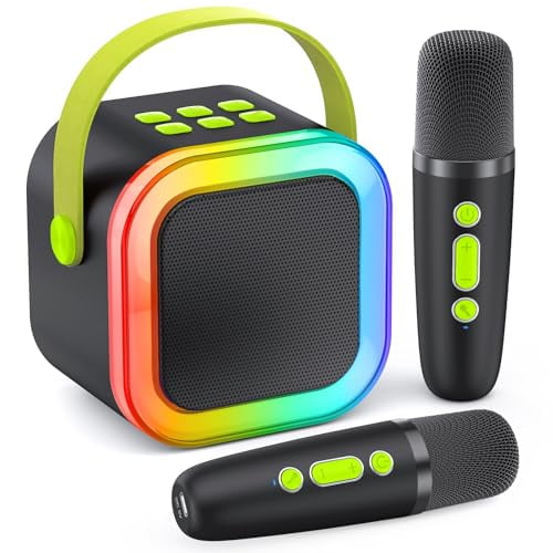 Mini Karaoke Machine for Kids Adults,Portable Bluetooth Mini Karaoke Microphone Singing Speaker Karaoke Player with 2 Wireless Mic,for All Smartphones,Birthday,Family,Home Party (Black Green)