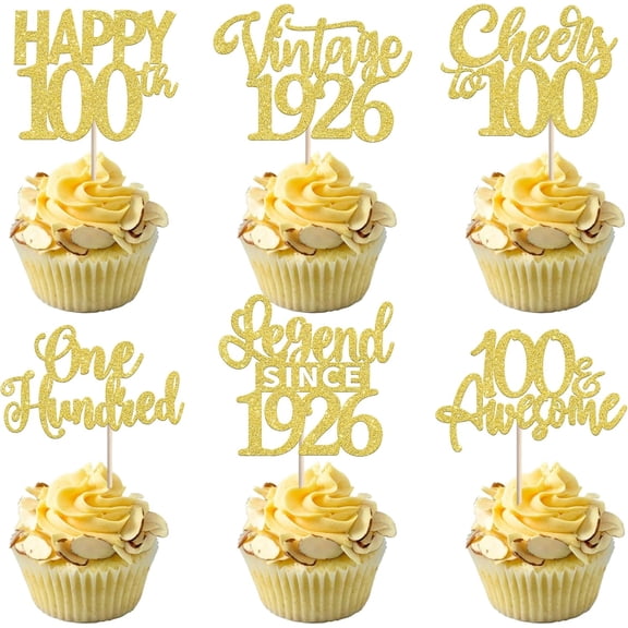 100th Birthday Cupcake Toppers - Gold Glitter Picks for 100th Birthday Party Decorations, Pack of 12