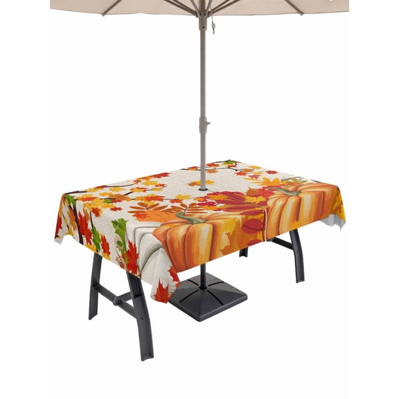 Outdoor Tablecloth with Umbrella Hole and Zipper, Orange Pumpkins Fall Rectangle Table Cloth 54x80 Inch Waterproof Tablecloth, Maple Leaf Thanksgiving Botanical Rustic Picnic Table Cover for Patio