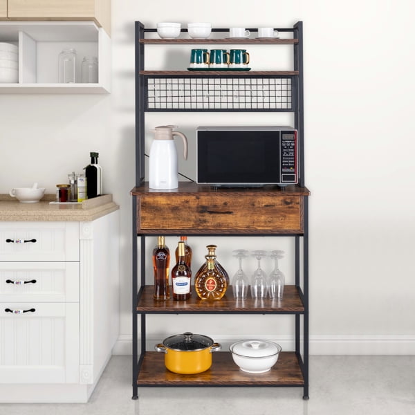 5-Tier Kitchen Bakers Rack with 10 S-Shaped Hooks and 1 drawer