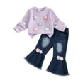 thumbnail image 2 of Loicainy Toddler Baby Girl Fall Spring Outfits 6 12 18 24 Months 2T 3T 4T Crochet Flower Long Sleeve Round Neck Pullover + Elastic Waist Denim Flare Pants 2 Pcs Clothes Set, 2 of 9