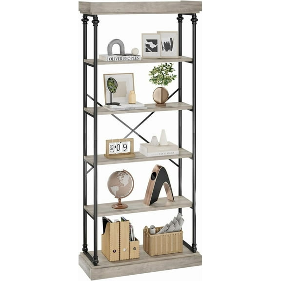 GAOMON Bookcases, Gray 5-Tier Farmhouse Bookshelf, Wooden Open Display Shelf with Storage, Rustic Organizer for Living Room, Bedroom, Home Office, 70" Tall