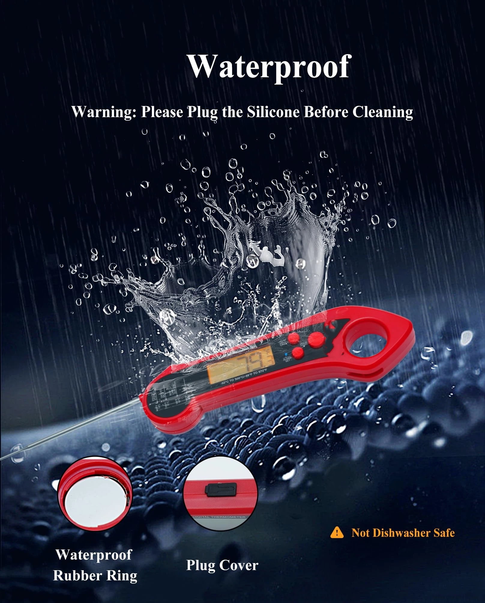 2-in-1 Meat Thermometer, Digital Instant Read Food Kitchen Thermometer with Dual Probes | Waterproof | Alarm Set | Calibration | Backlit | Hold Function for Cooking (Red)（17.5*5*1.8cm ）