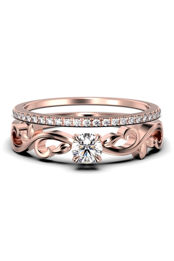 Vintage Twisted Salt And Pepper 1.00 Carat Round Cut Diamond Moissanite Engagement Ring, Antique Design Wedding Ring in10k Solid Rose Gold, Promise Ring, Bridal Set, Matching Band