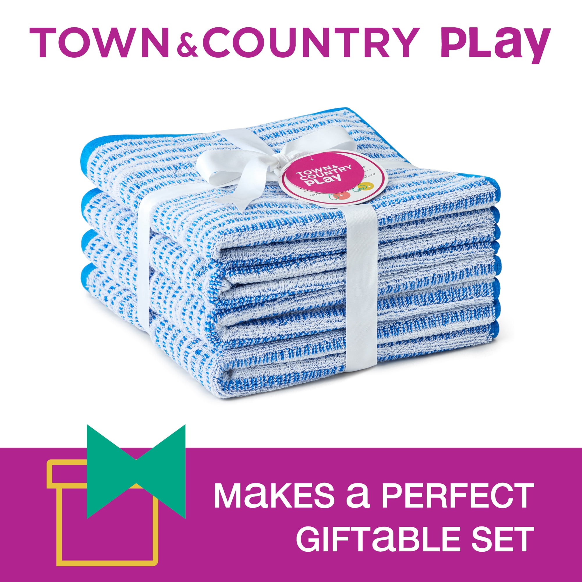 TOWN & COUNTRY PLAY 4-Piece Striped Reversible Terry Brights Hand Towel Set, 20"x30", 100% BCI Cotton, Plush & Absorbent 550GSM, Ocean Blue
